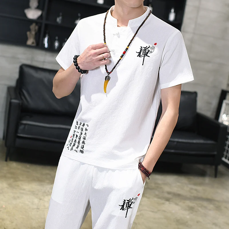

summer Cotton linen short-sleeved men tshirt and drawstring strap Ankle Length pants Chinese style men two-piece set Asia size