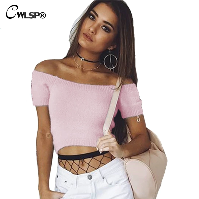 

CWLSP Sexy Fitness Mohair Sweaters Women Crop Top Pullover Slash Neck Short Sleeve poncho Fashion Pull casaco feminino QL3252