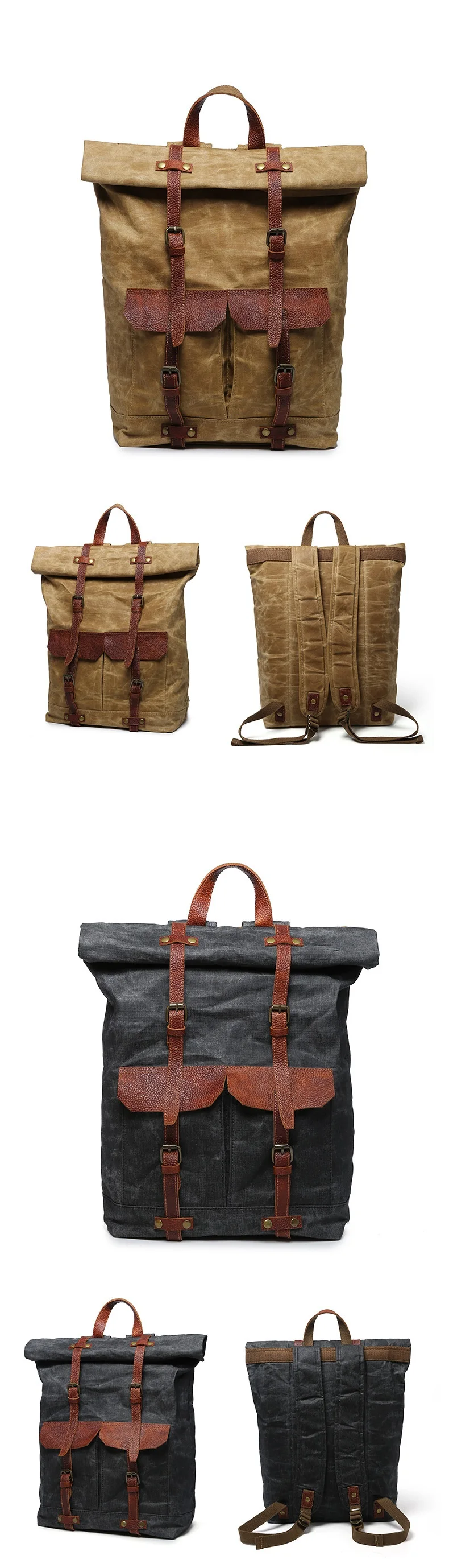 PRODUCT DISPLAY KHAKI of Woosir Retro Waxed Canvas Laptop Backpack Roll Top Waterproof Rucksack