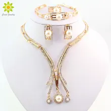New Designer Gold Color Dubai African Crystal Simulated Pearl Necklace Bracelet Earring Ring Wedding/Bride Jewelry Set