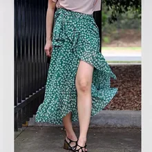 Лето, шифоновая юбка в стиле бохо, цельная пляжная юбка с цветочным рисунком, Женская Длинная юбка с завышенной талией, Saia, зеленая юбка с цветочным принтом для женщин