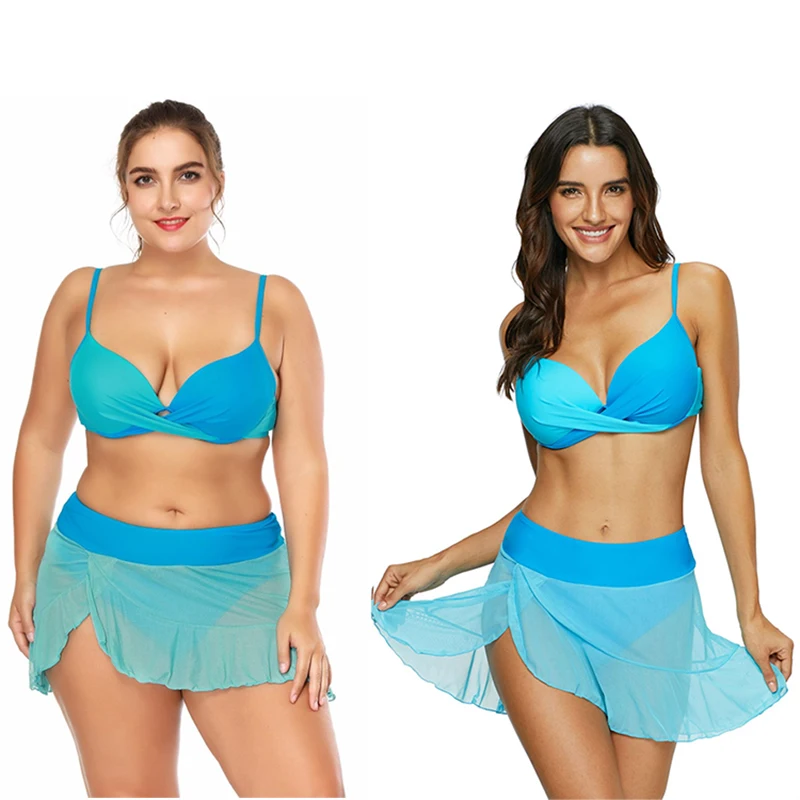 

Sexy Blue Women's Swimwear Large Sizes Padded Bikini Set 3 Piece Plus Size Bathing Suits Skirt Swim Swiming Suits Blue Bikini XL