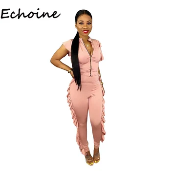 

Echoine Casual Women Jumpsuit Ruffles Zipper Solid Color Short Sleeve Office Lady Slinky Jumpsuits For Women 2019 3 Color