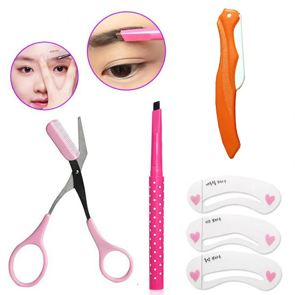 

Enhancer Drawing Stencils Make Up Tool Kit for Women 6 Pcs/Set Cosmetic Tool Eyebrow Razor+Pencil+Scissors+Stencil Templates