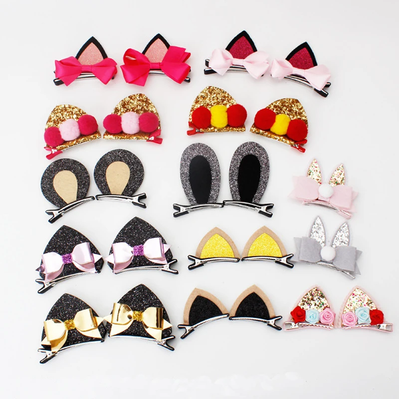 2pcs New Stereo Double Cat Ears Clip With Sequins Ears Girls Hair Clips