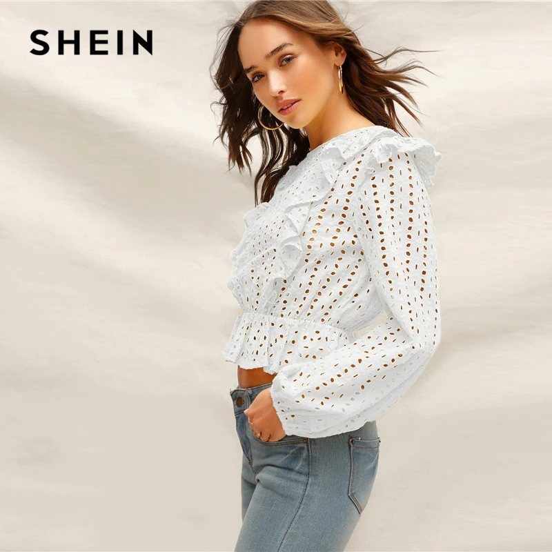 SHEIN Однотонный Топ С Оборками Женские Элегантные Кружевные Блузки С Длинным Рукавом