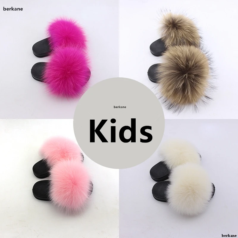 

Toddler Real Fox Slippers Kid Summer Fur Child Home Slides Girl Rainbow Raccoon Fluffy Cute Flats Beach cute wholesale Children