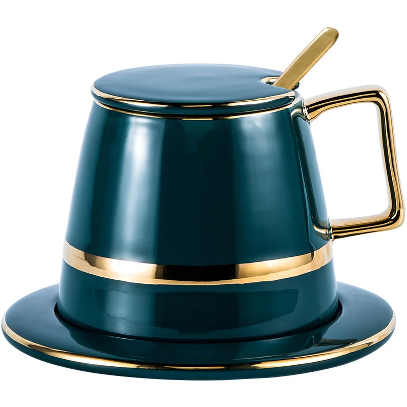 

1 set Green glaze Coffee Mug with Spoon and Saucer Drinkware Ceramic Coffee Cup Afternoon Tea Cup with Cup lid