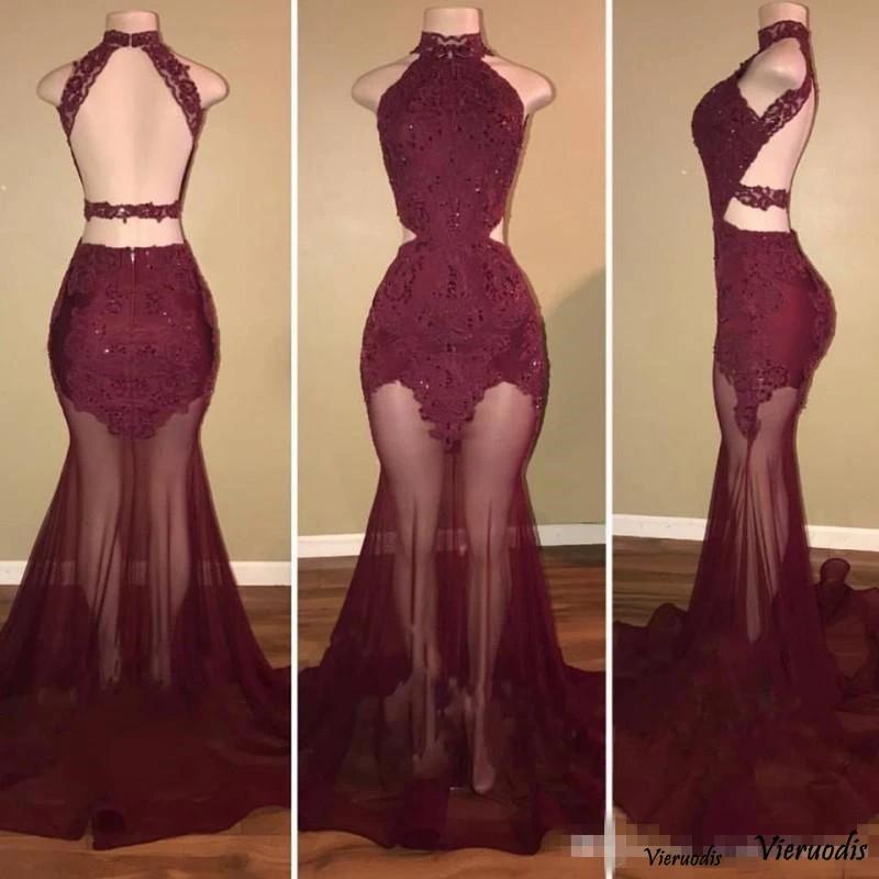 

2019 New Burgundy High Neck Mermaid Prom Dress Sleeveless Lace Applique Backless Evening Party Gowns vestidos de fiesta