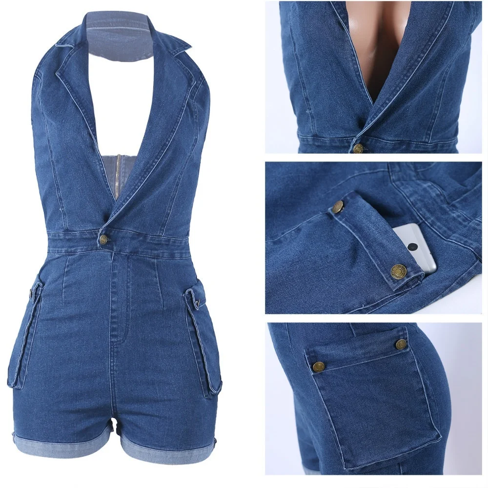 Women's Fashion High Quality Deep V-neck High Waist Zipper Up Halter Sexy Blue Denim Skinny Jumpsuit Overalls Bandage Jumpsuit Women's Fashion High Quality Deep V-neck High Waist Zipper Up Halter Sexy Blue Denim Skinny Jumpsuit Overalls Bandage Jumpsuit