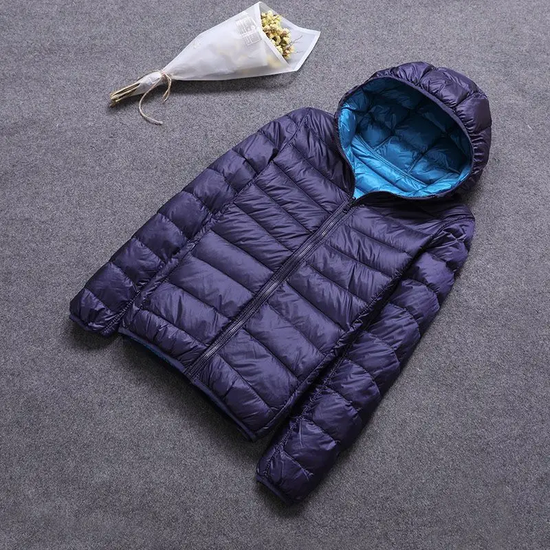 Новинка осень зима с капюшоном ультра легкий пуховик для женщин с сумкой для переноски путешествия Двусторонняя теплая куртка размера плюс парка - Цвет: Тёмно-синий