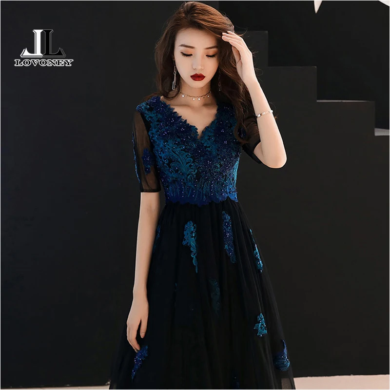 LOVONEY A Line V Neck Appliques Evening Dresses Long 2019 Elegant Woman Occasion Party Dresses Formal Evening Gowns MXN101