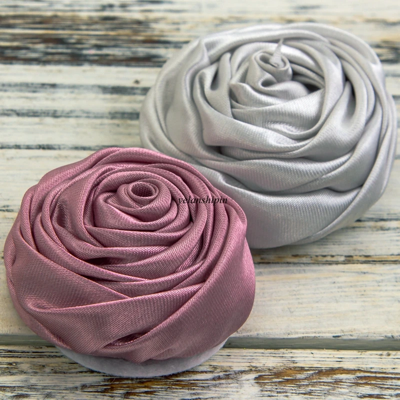 10pcs/lot 5cm 20colors Hair Clips Handmade Rolled Soft Satin Rose Flowers Artifcial Solid DIY Fabric Flowers For DIY Headband