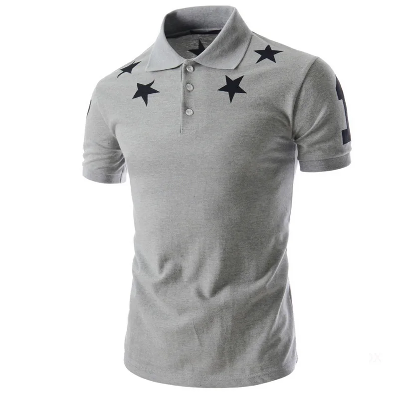 Мода, летние классические дышащие облегающие рубашки поло с короткими рукавами и принтом 5 звезд, Мужская теннисная брендовая одежда, 3 цвета, M-XXL - Цвет: Серый
