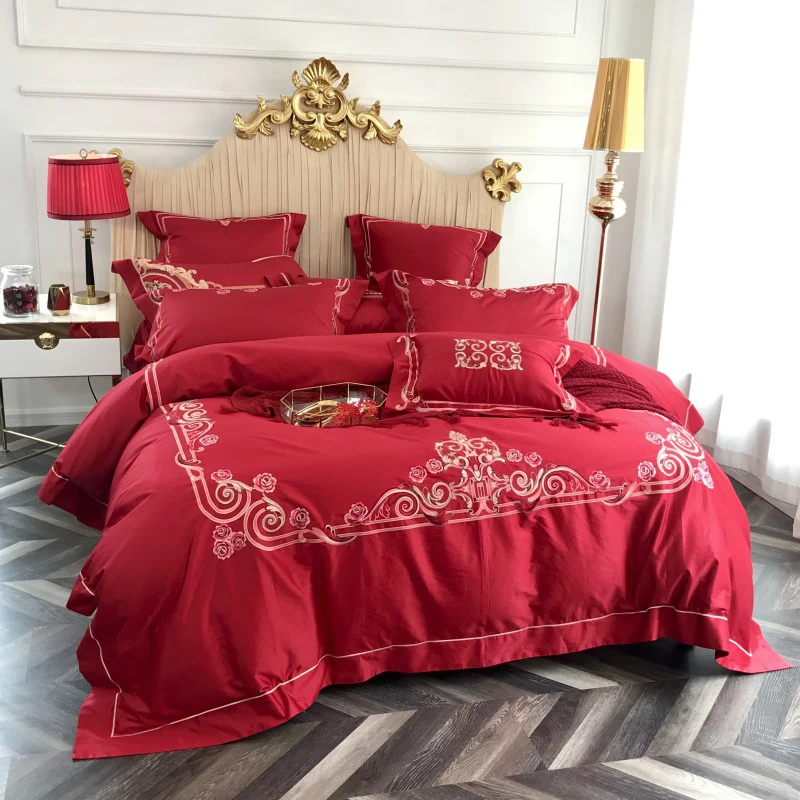 

2018 Noble Floral Border Red Wedding Bedding Set Embroidery Duvet Cover Set 4Pc Queen King Size Bedlinens Flat Sheet
