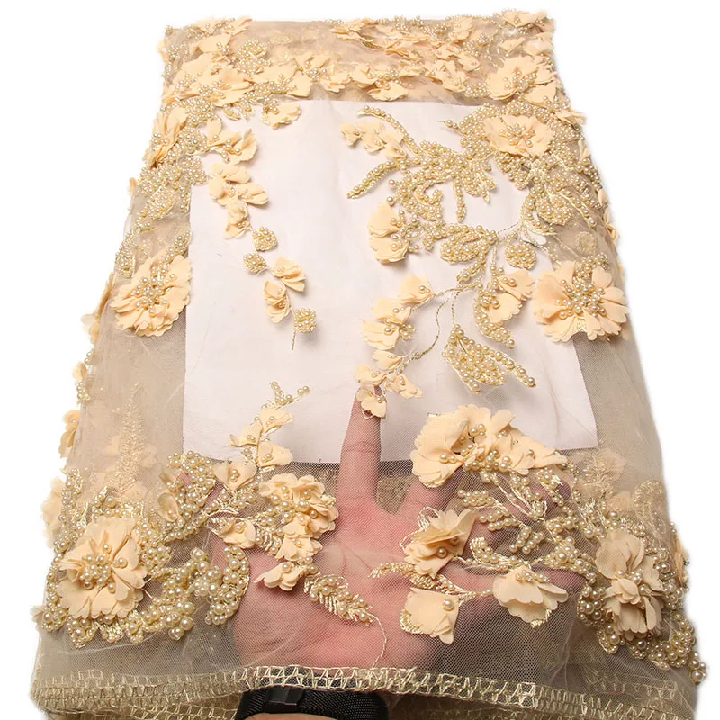 Latest Gold African Net Lace Fabric Applique With Beads Good Quality