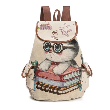 

Casual Canvas School Backpack bag Women Lovely Cat Printed Drawstring Backpacks Teenager Large Capacity School Bags Mochila