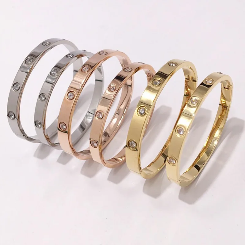 

Hot Fashion Couple Love Jewelry Crystal Cuff Bracelet for Women/Men High Quality Titanium Steel Gold Color Bangle &Bracelet