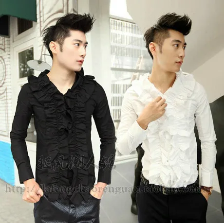 

2018 New Men's clothing Fashion pleated ruffle laciness shirt slim long-sleeve flower clothes plus size male singer costumes