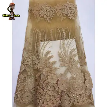 

Peach Color Nigerian Lace Fabric 2019 Embroidery Tulle Lace With Beads For Wedding party Dress