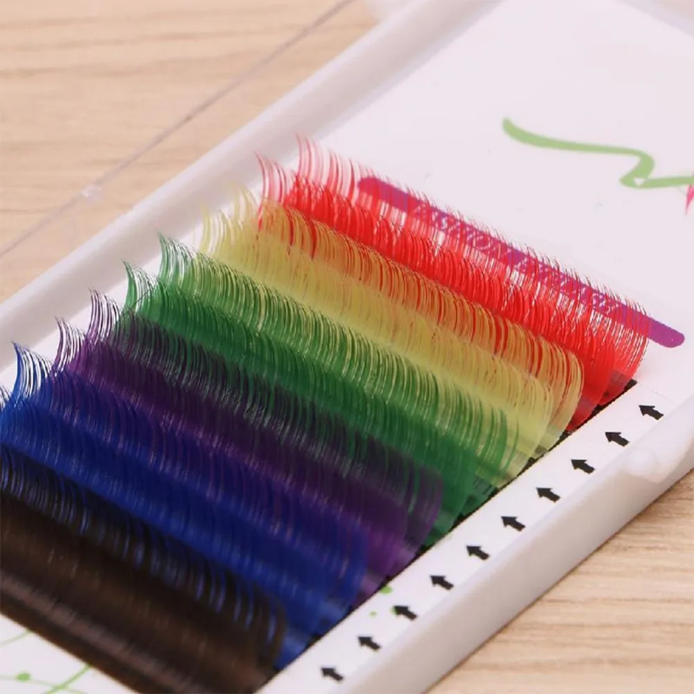 12Rows/Tray 6 Colors Rainbow 0.1mm Colorful Eyelash Extension 100 Hand