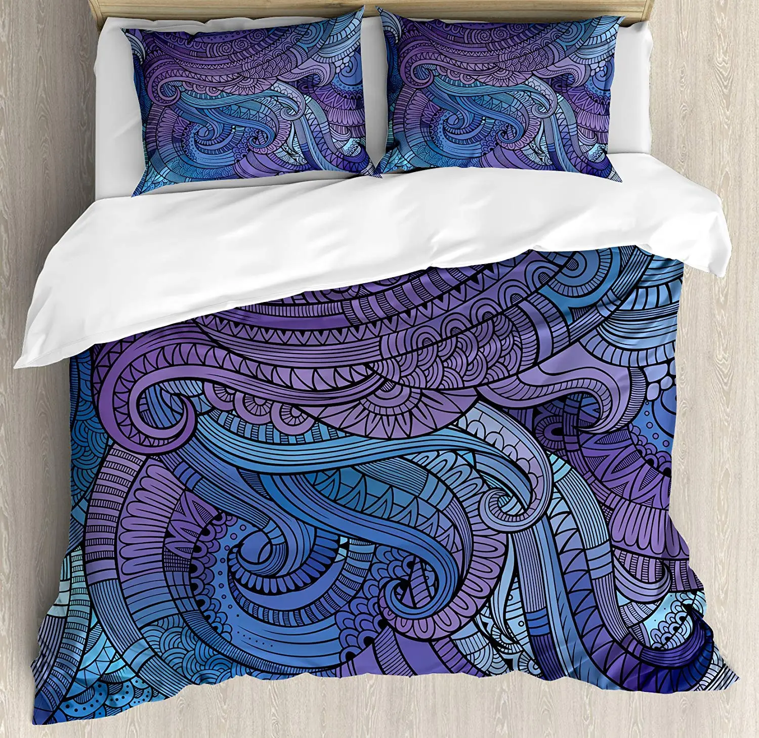 

Abstract Duvet Cover Set King Size Ocean Inspired Graphic Hand Drawn Print Bedding Set Purple Blue