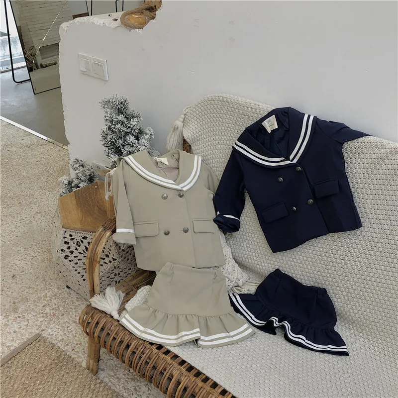 

Children Dress Suits Clothing Fall 2019 New Girls College Wind Suits Two Pieces Kids Clothes Outwear Baby Coat+ Ruffles Skirt