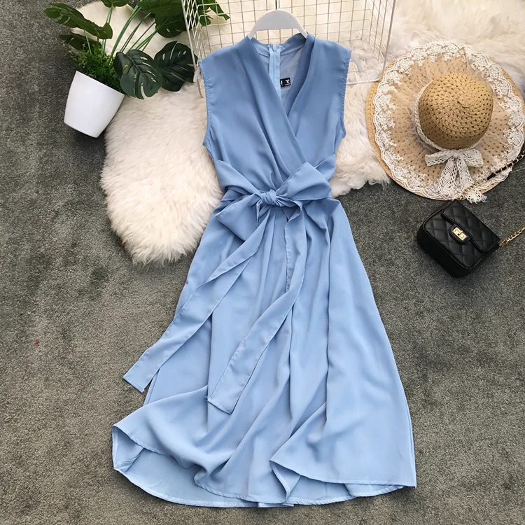 

Summer 2019 New Korean Women Casual Slim V-collar High Waist Chiffon Dresses Lady Sleeveless Solid Color Elegant Vestidos A40
