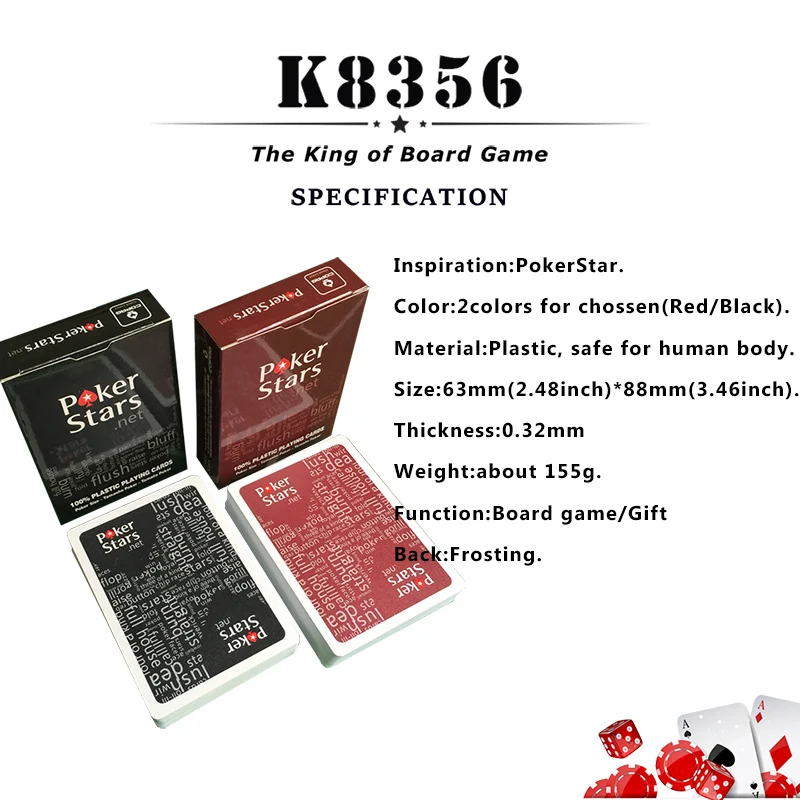 K8356 2Sets/Lot Baccarat Texas Hold'em Plastic Playing Cards Waterproof Frosting Poker Cards Pokerstar Board Game 2.48*3.46 inch K8356 2Sets/Lot Baccarat Texas Hold'em Plastic Playing Cards Waterproof Frosting Poker Cards Pokerstar Board Game 2.48*3.46 inch