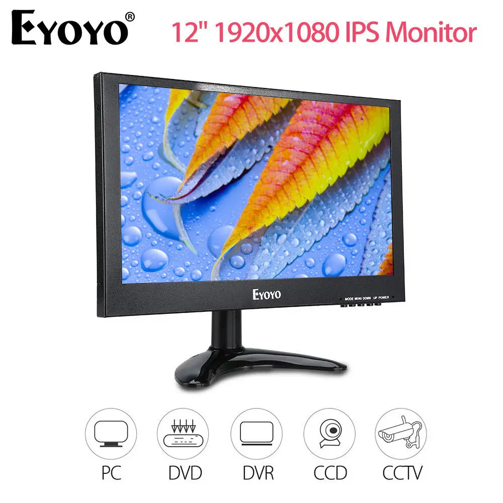 

EYOYO 12" TFT-IPS Monitor 1920x1080 BNC VGA AV USB HD Video Input With Remote Control 400cd/m2 For PC CCTV DVR Security Camera