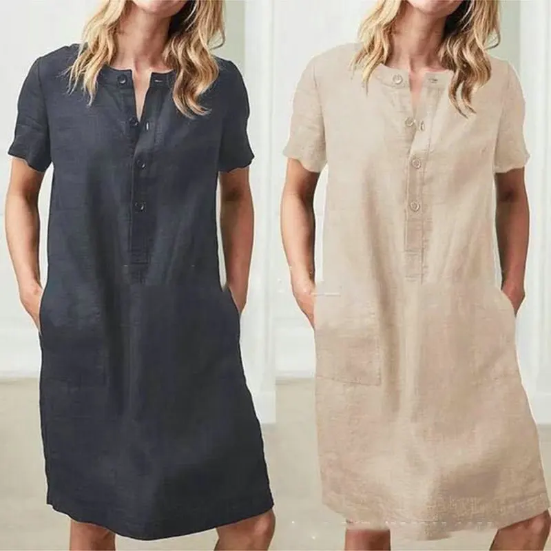 

plus size Summer Cotton Linen Dress Vintage Women V Neck linen dresses good brand design linen lady casual dress elegant dress
