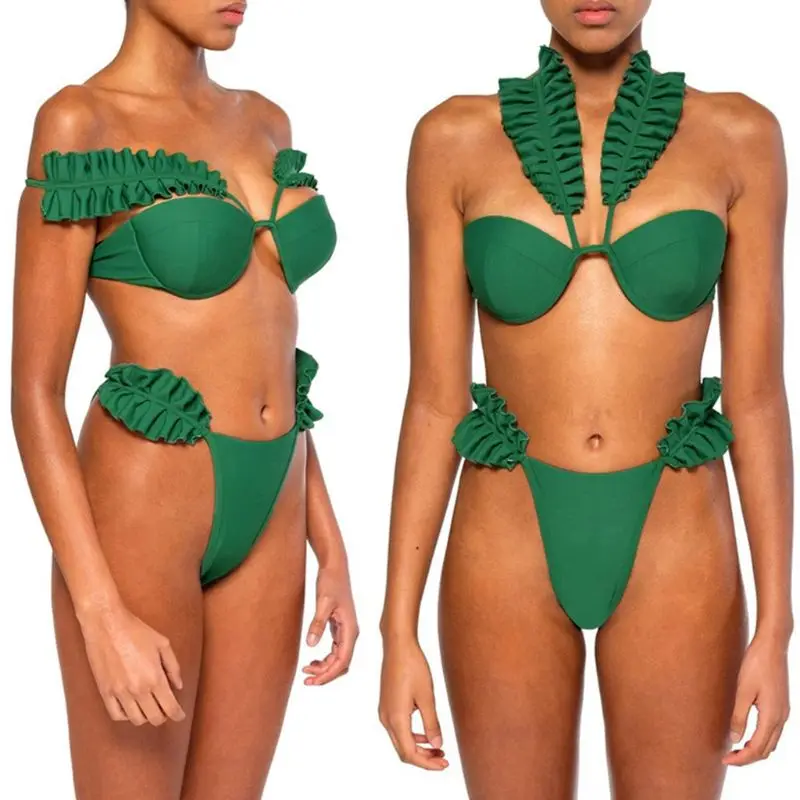 

Women Sexy Two Piece Set Off Shoulder Pleated Ruffles Straps Push Up Underwire Bra High Waist Thong Swimsuit Bathing Suit