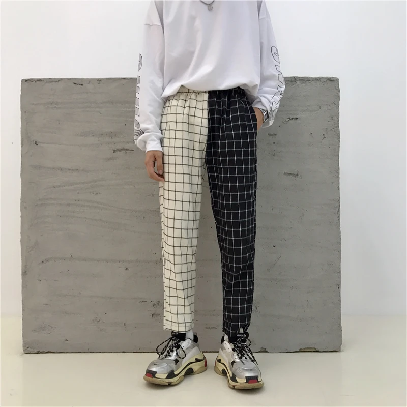 Korea ulzzang Harajuku pants summer lattice personality stitching Vintage plaid casual nine pants couple hip hop fun new pants