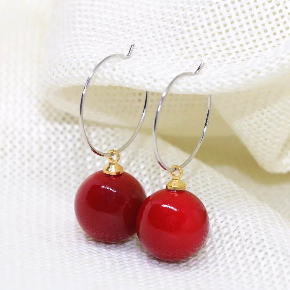 

Top quality elegant dangle earrings earbob dark red round imitation coral eardrop for women 8,14mm charms jewelry B1744