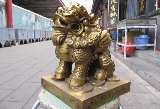

Collectible bronze lion statue S0483 11"China classical Brass Evil Guardian Door beast kylin Fu Foo Dog Lion statuary B0403