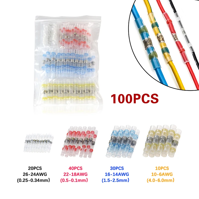 

100PCS Waterproof Heat Shrink Butt Terminals Electrical Wire Splice Solder Sleeve Insulated Soldering Connector Set for 26-10 AW