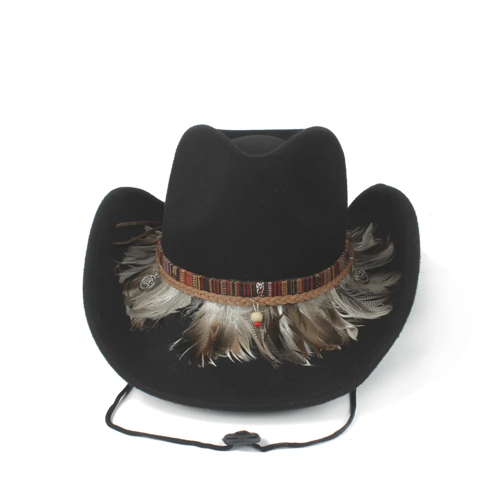 Для женщин мужчин Шерсть полые западная ковбойская шляпа Roll-up Brim джентльмен Outblack сомбреро Hombre джаз шляпа ветер веревка