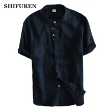 Shifuren Летние повседневные Для мужчин Рубашки для мальчиков короткий рукав дышащая чистого белья Рубашки для мальчиков китайский мандарин воротник мужской Костюмы свободный крой
