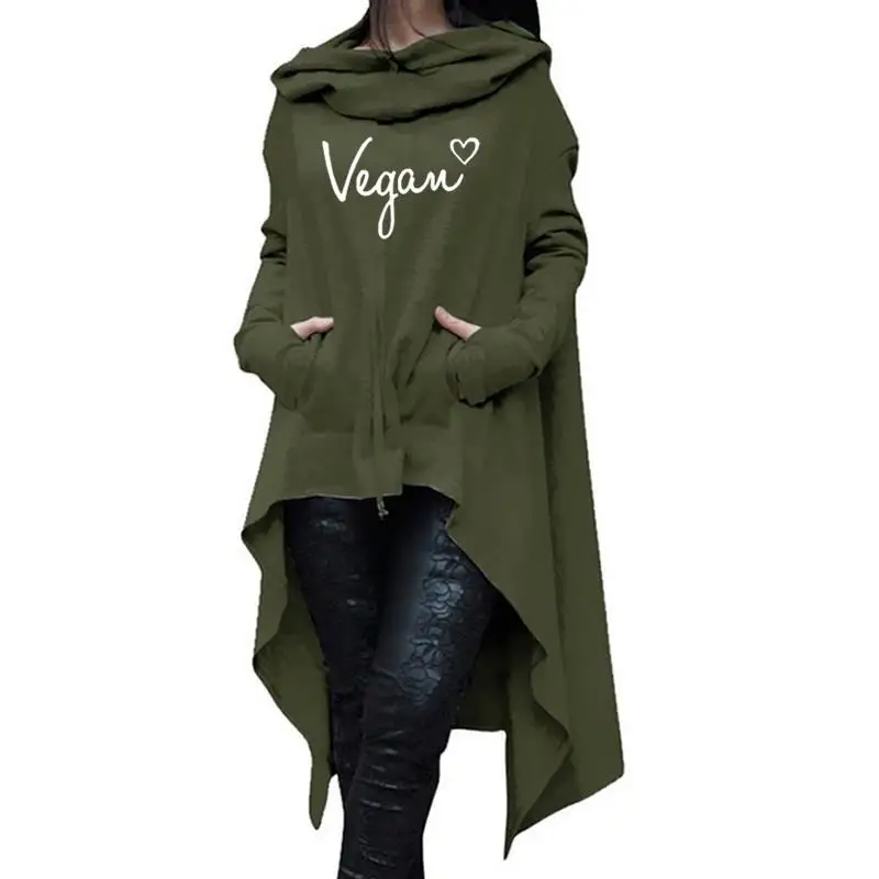  2018 New Fashion Vegan Print Hoodies Women Sweatshirts Femmes Casual Loog Sleeve Irregular Thick Cu