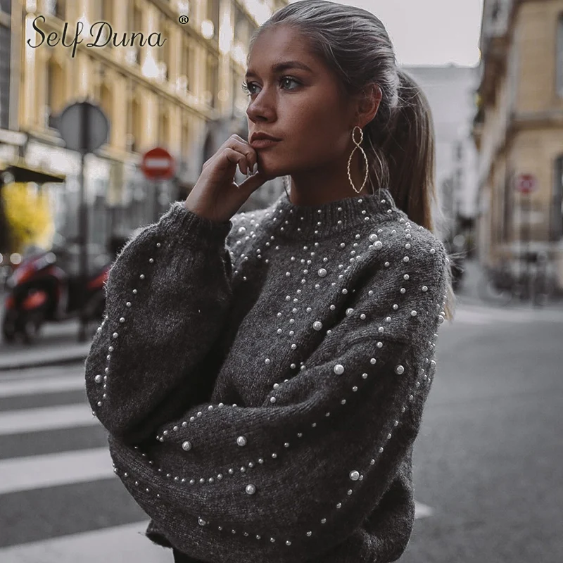 

Self Duna 2019 Autumn Winter Pearl Sweater Pullover Loose Vintage Jumper Warm Grey Short Women Knitted Sweater Pull Femme