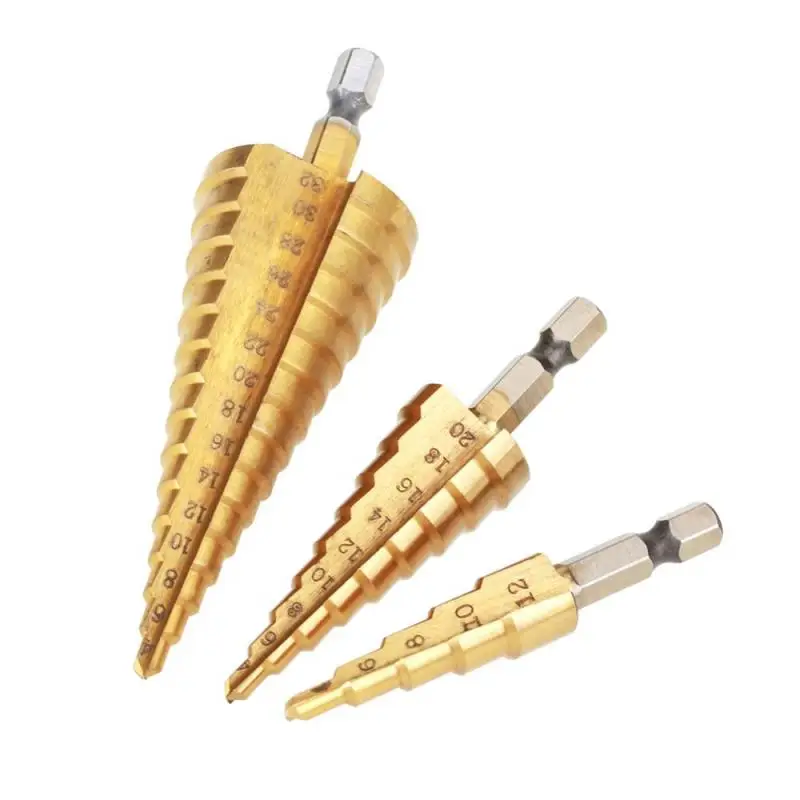 

Step Cone Drill Bit Hex Shank Titanium Plating Drill Wood Drilling Step Drill Bit Hand Tools High Speed Steel 3 Pcs/set