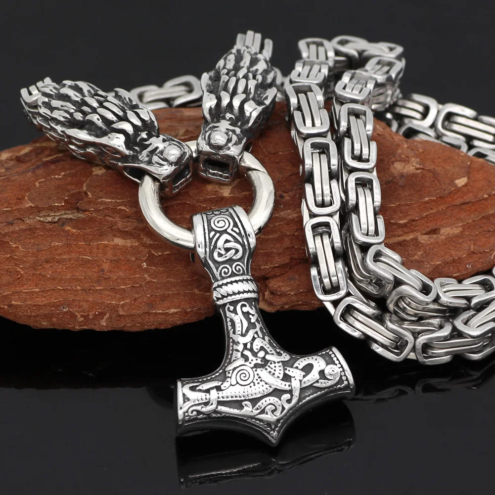 Men stainless steel Wolf head norse viking amulet thor hammer pendant necklace handmade chain