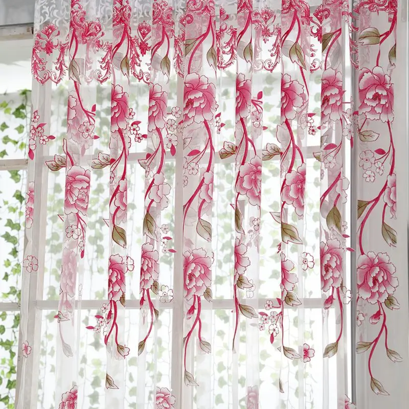 Flower Print Window Curtain Divider Tulle Voile Drape Panel Sheer Scarf Valances