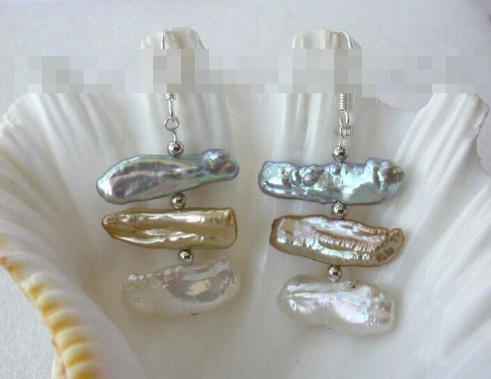 

Hot selling> free shipping 00116 baroque biwa white gray champagne freshwater pearl dangle earrings -Bride jewelry free shipping