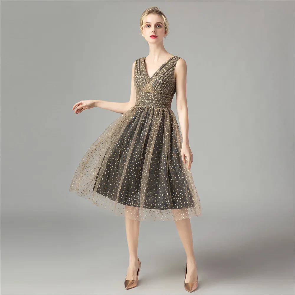

Women's elegant V-neck Evening Dress 2019 High Quality embroidered tulle party Dresses