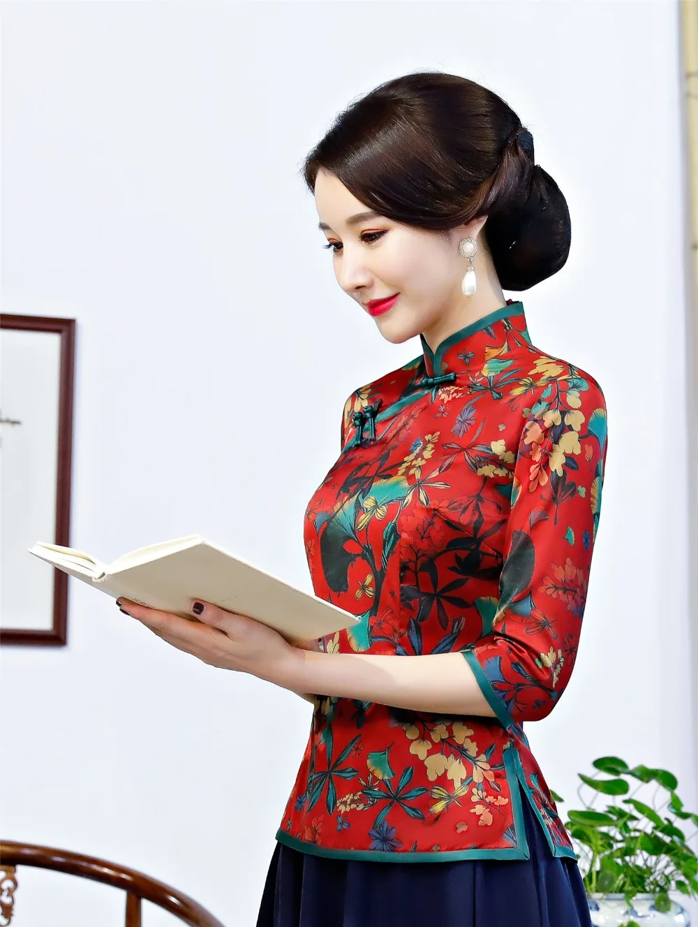 Шанхай история Китайский традиционный Топ цветочный Cheongsam топы китайская блузка Qipao рубашка с коротким рукавом Китайский Топ для женщин