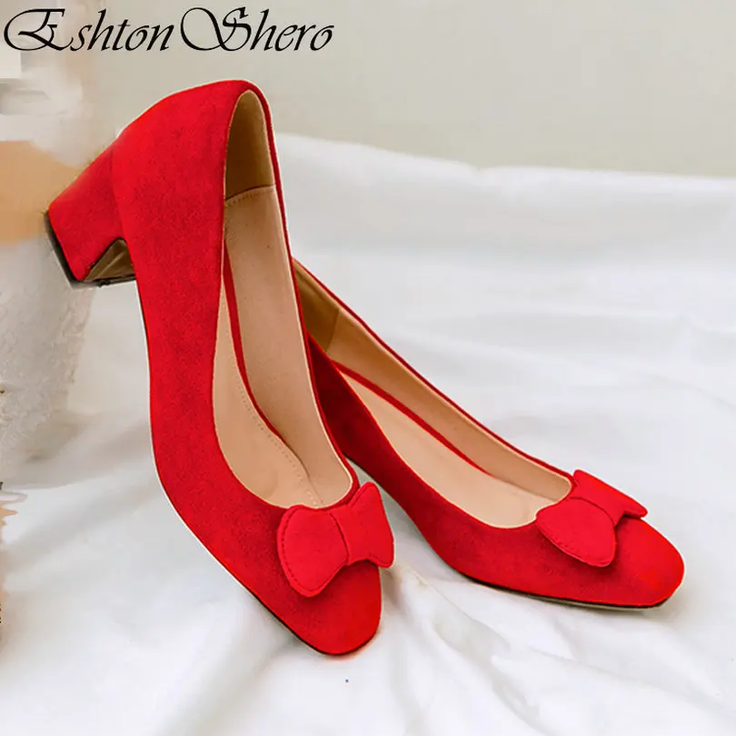 

EshtonShero Shoes Woman Leather Flock+PU Platform Square Toe Square High Heel Butterfly-Knot Sexy Ladies Casual Shoes Size 33-40