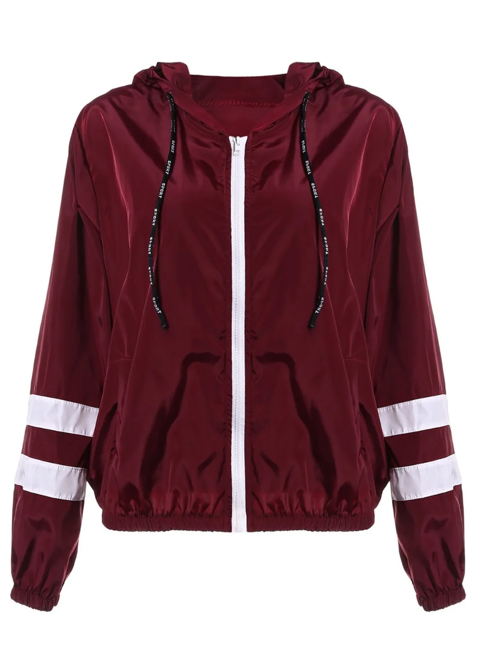 ZAN.STYLE Spring Women Contrast Ribbons Trim Zip Up Hooded Jacket Striped Patched Sleeve Girl