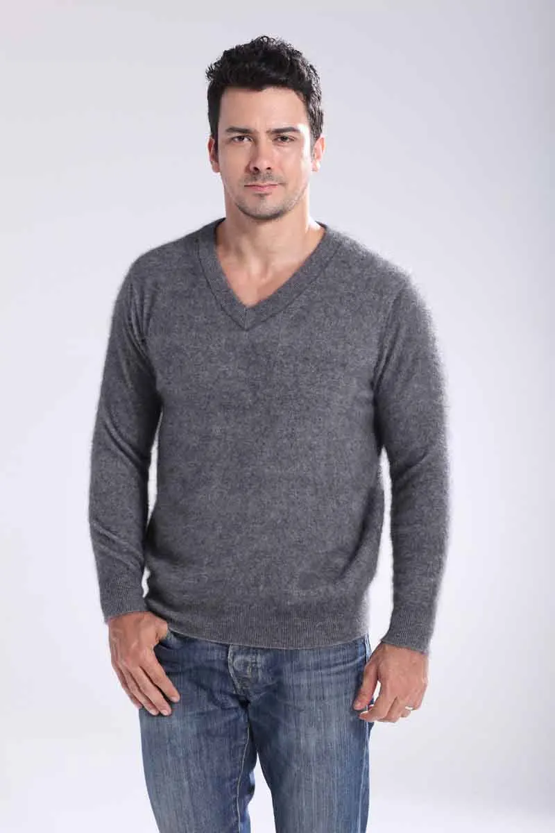 Новые мужские однотонные Вязаные норковые кашемировые свитера мужские трикотажные v-образным вырезом горловины и с О-образным вырезом пуловеры - Цвет: gray v neck