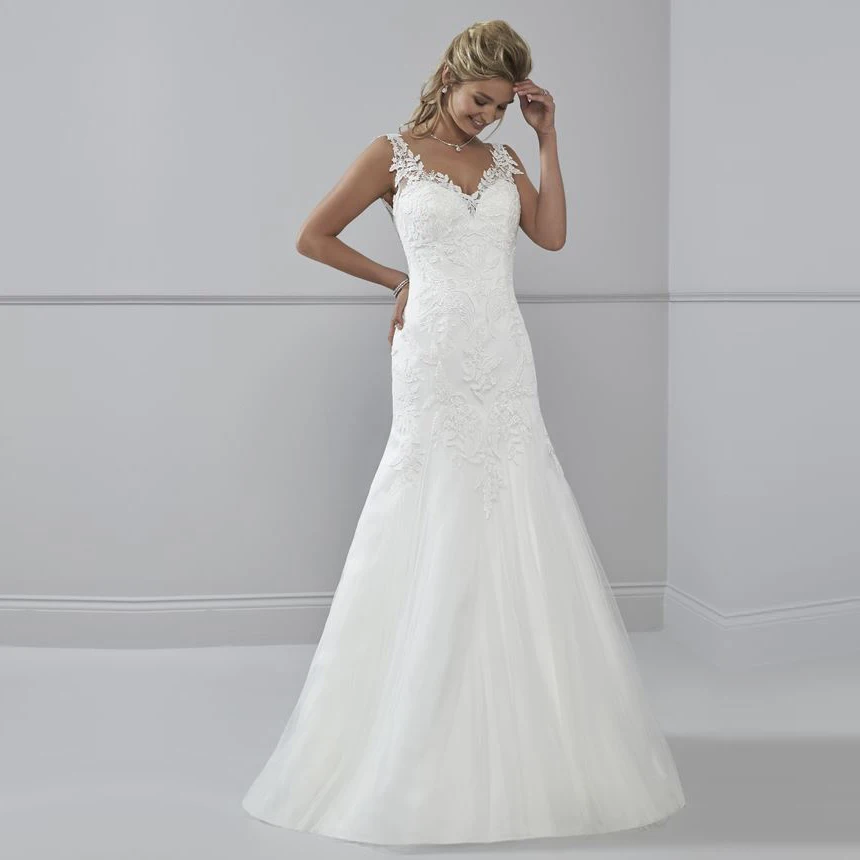 

Vestido de Noiva Sexy Mermaid Wedding Dress Lace Appliques V Neck Bridal Gown Custom Made Sleeveless Tulle Wedding Dresses
